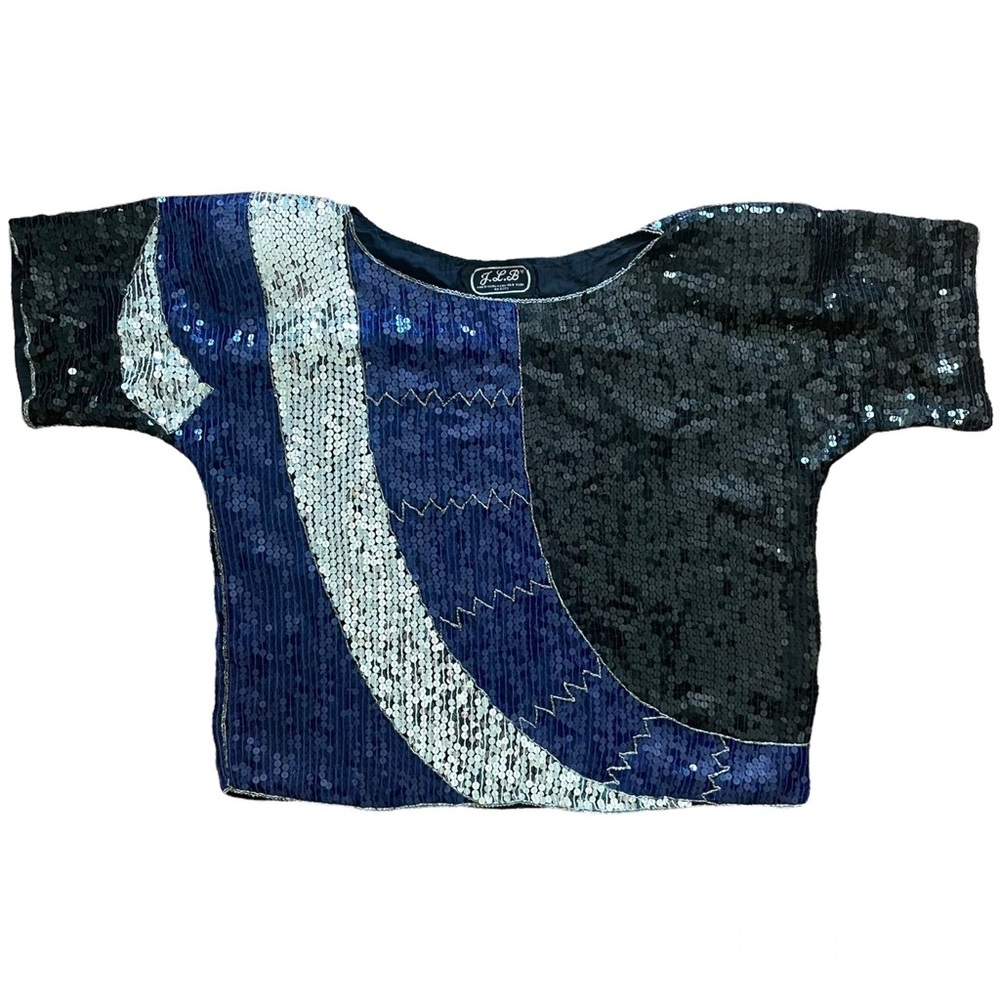 Jean for Joseph Le Bon blue black silver sequin beaded silk top size L